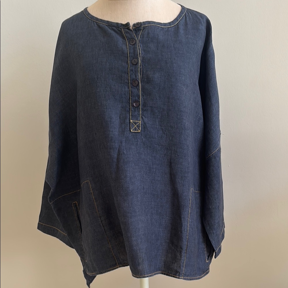 Eileen Fisher Women’s Medium Navy Indigo Denim Linen Oversize Blouse Top